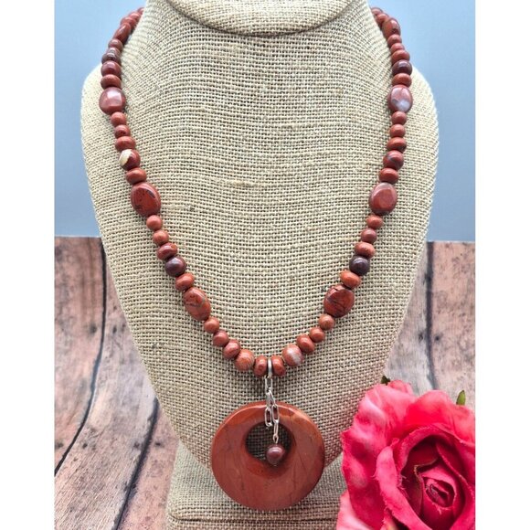 Artisan 2 Piece Set Red Jasper Natural Stone Pendant Necklace & Wrap Bracelet - Picture 3 of 11